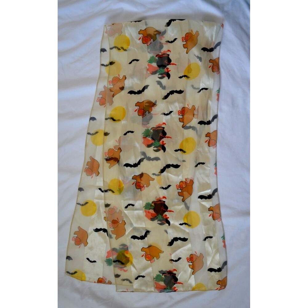 Vintage Colorful Halloween Themed Scarf Ghost Witch Bat Boo 60" x 12.5"
